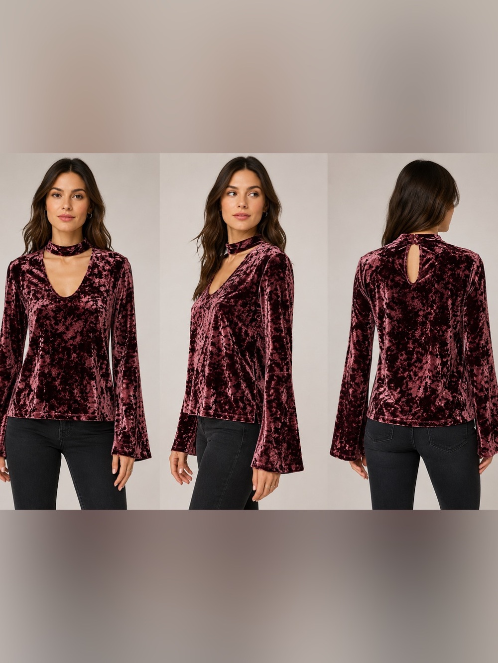 Sanctuary Daisy Burgundy Crushed Velvet Choker Top Long Sleeve Size M Whimsigoth